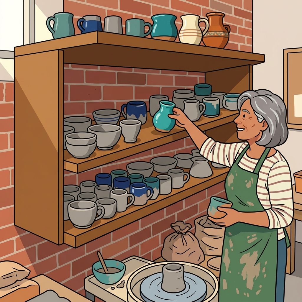 AI mnemonic illustration for the English word "pottery shelf"