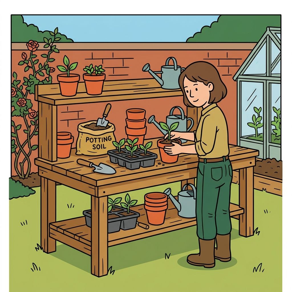 AI mnemonic illustration for the English word "potting bench"