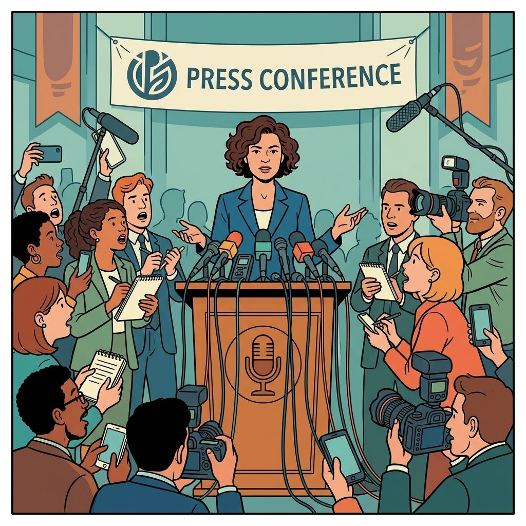 AI mnemonic illustration for the English word "press conference"
