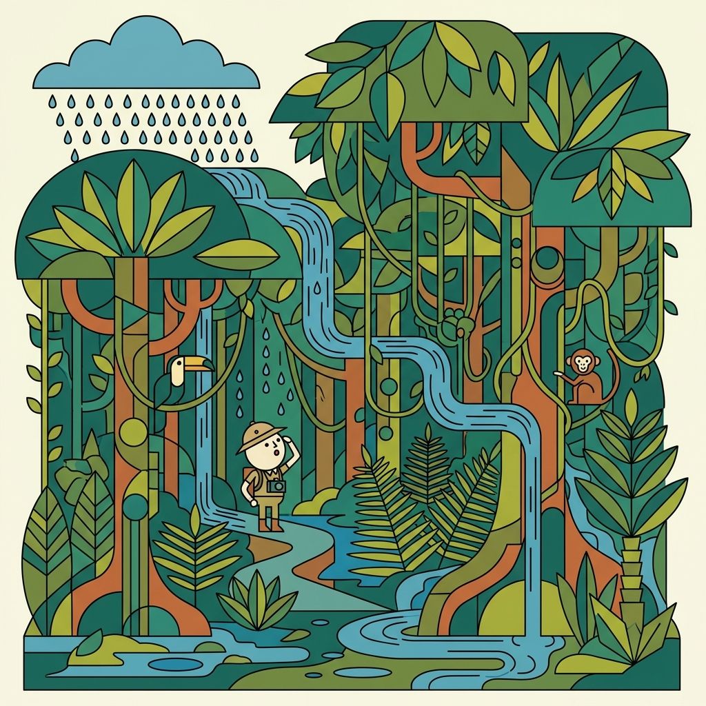 AI mnemonic illustration for the English word "rainforest"