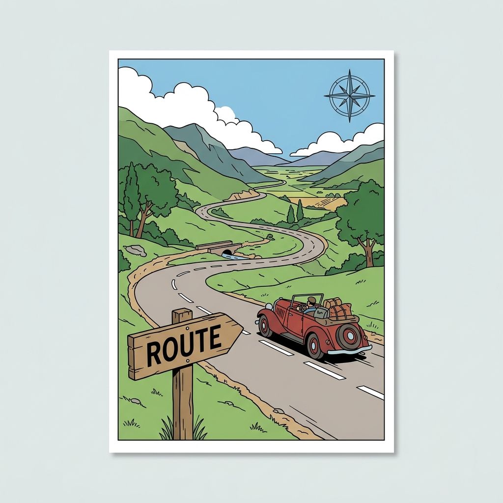 AI mnemonic illustration for the English word "route"