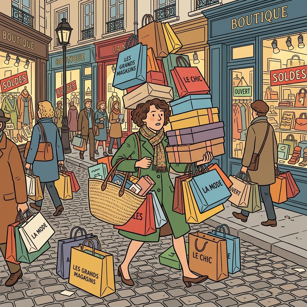 AI mnemonic illustration for the English word "shopaholics"