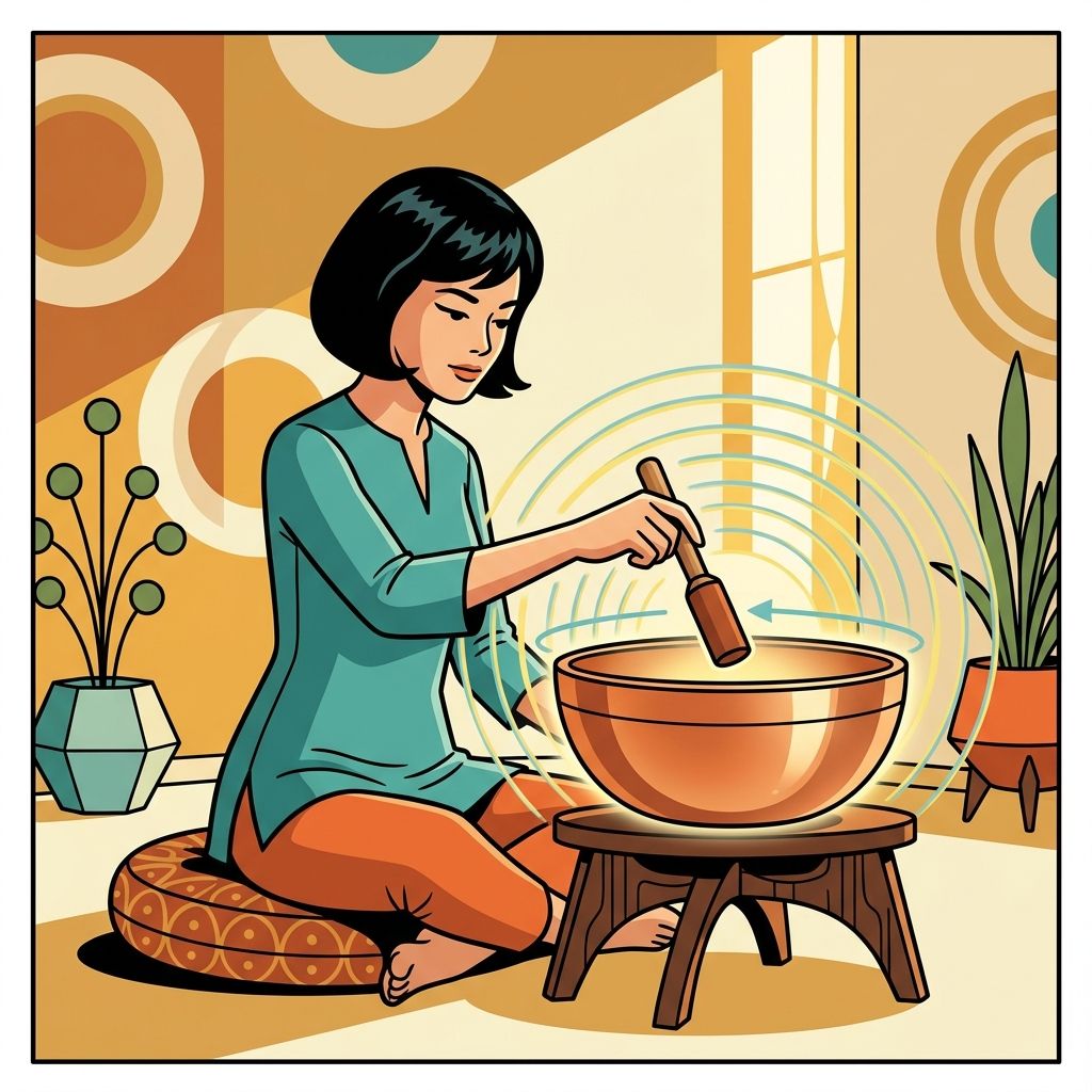AI mnemonic illustration for the English word "singing bowl"