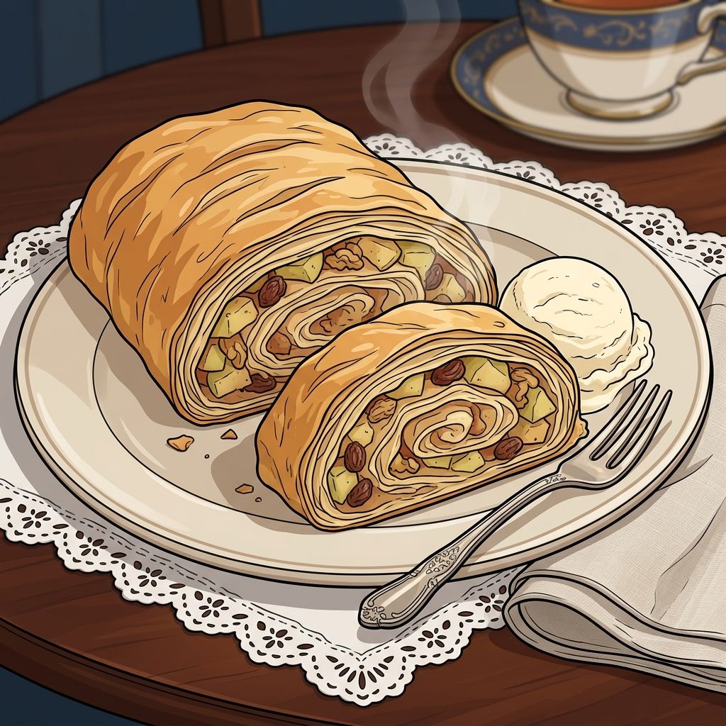 AI mnemonic illustration for the English word "strudel"