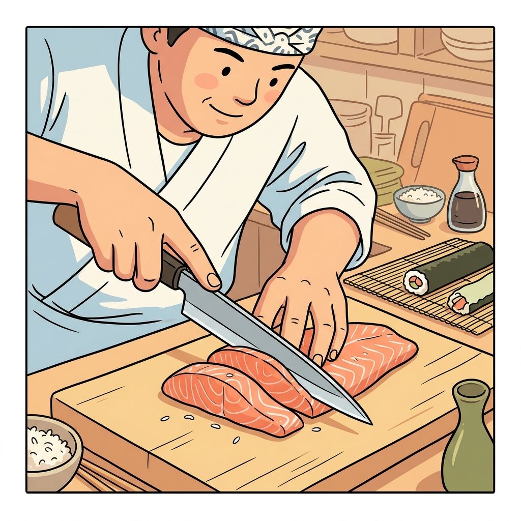 AI mnemonic illustration for the English word "sushi knife"