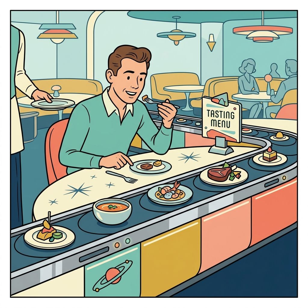 AI mnemonic illustration for the English word "tasting menu"