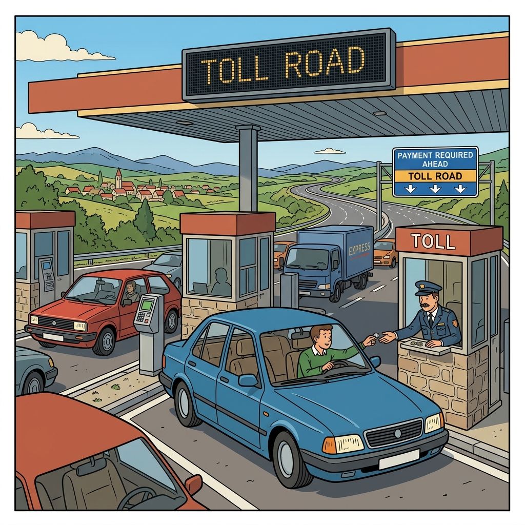 AI mnemonic illustration for the English word "toll road"