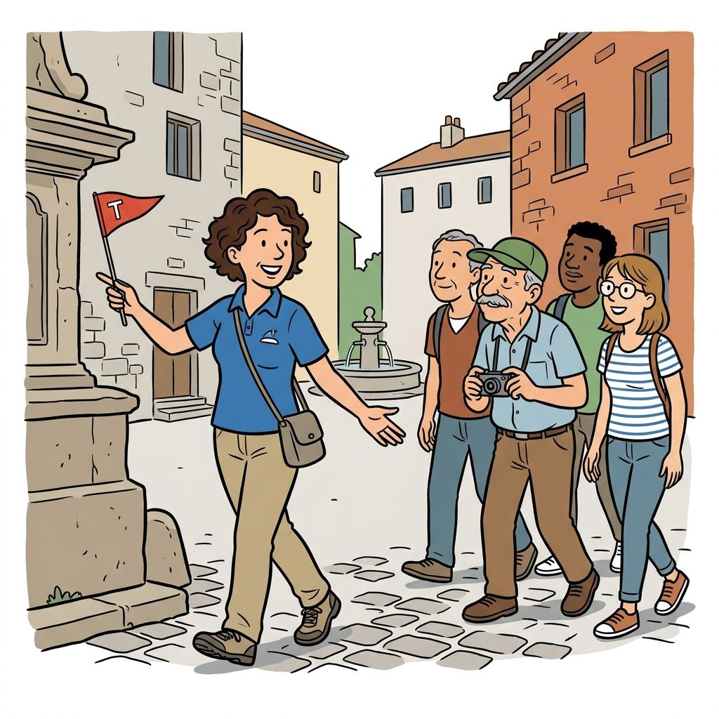 AI mnemonic illustration for the English word "tour guide"
