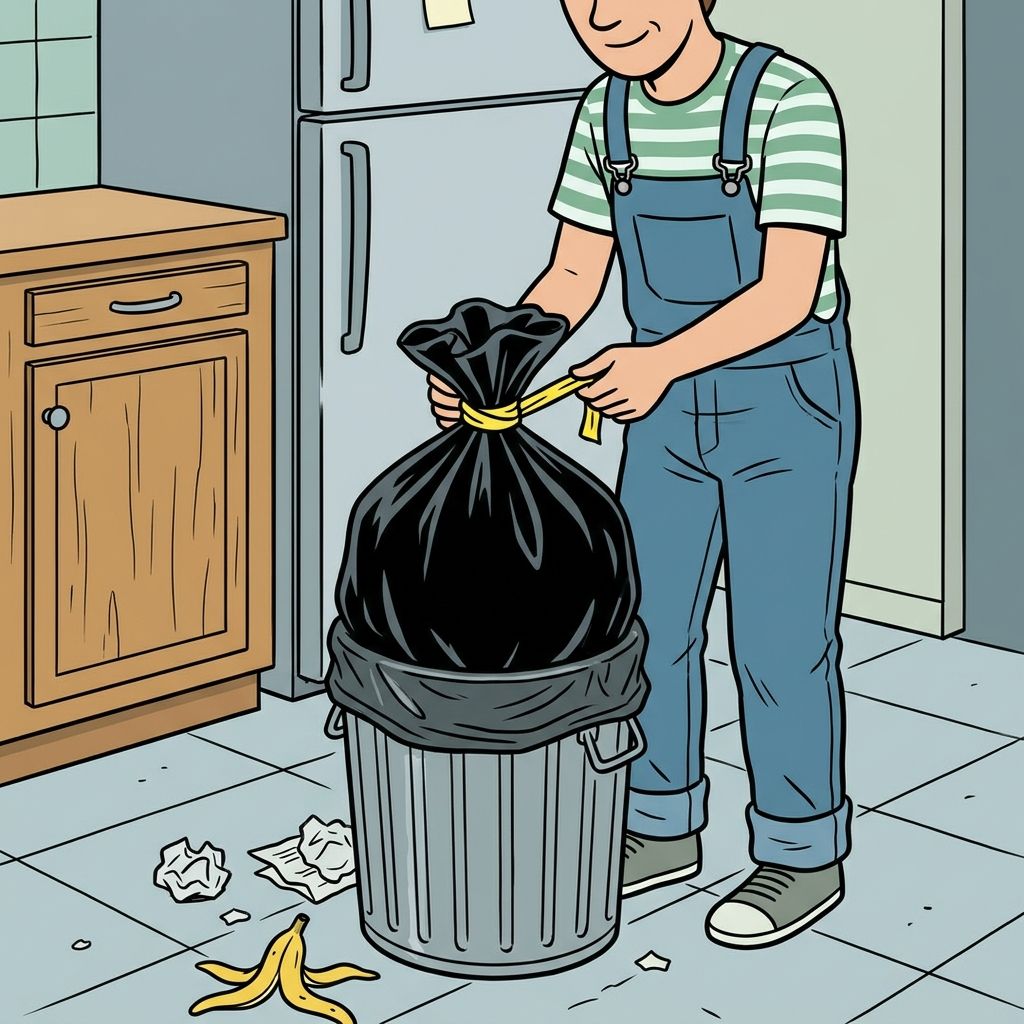 AI mnemonic illustration for the English word "trash bag"