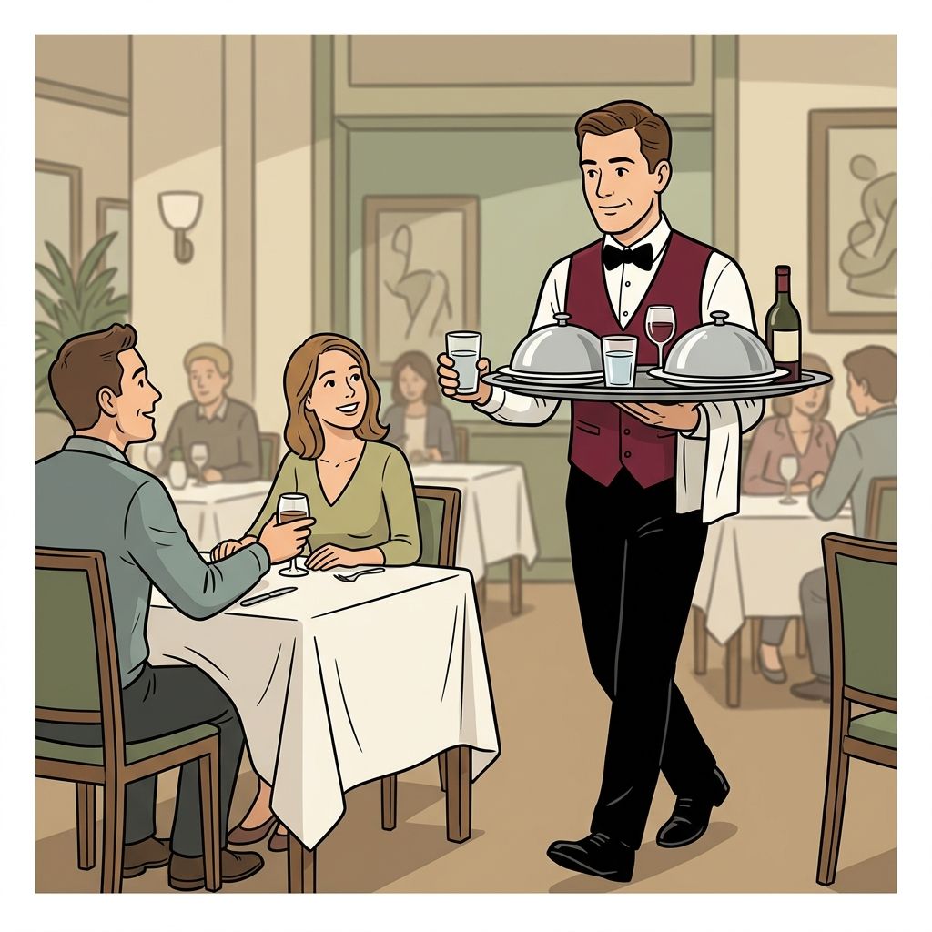 AI mnemonic illustration for the English word "waiter"