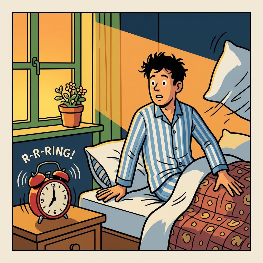 AI mnemonic illustration for the English word "wake up"