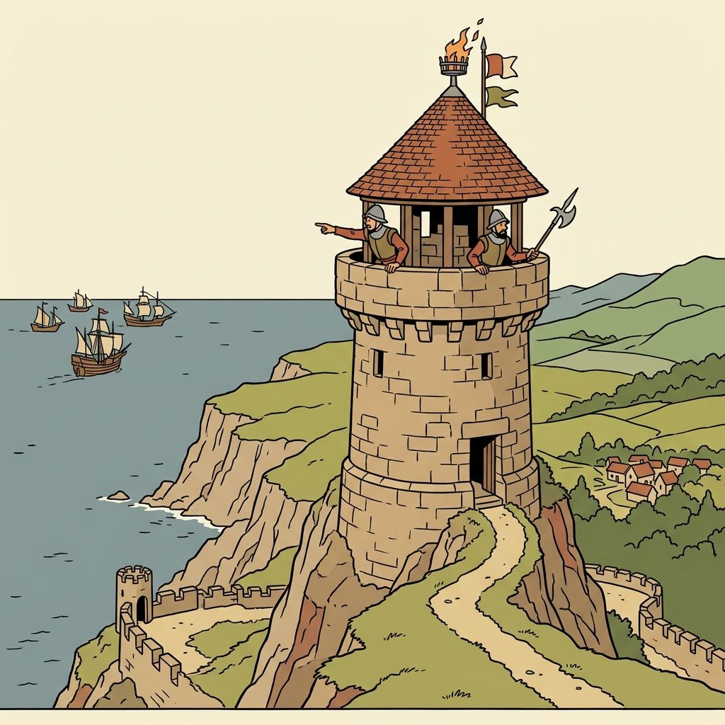 AI mnemonic illustration for the English word "watchtower"