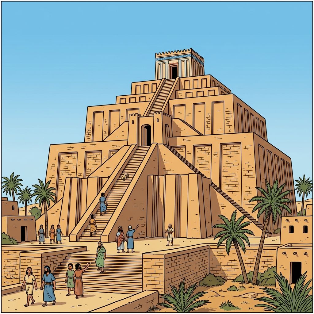 AI mnemonic illustration for the English word "ziggurat"